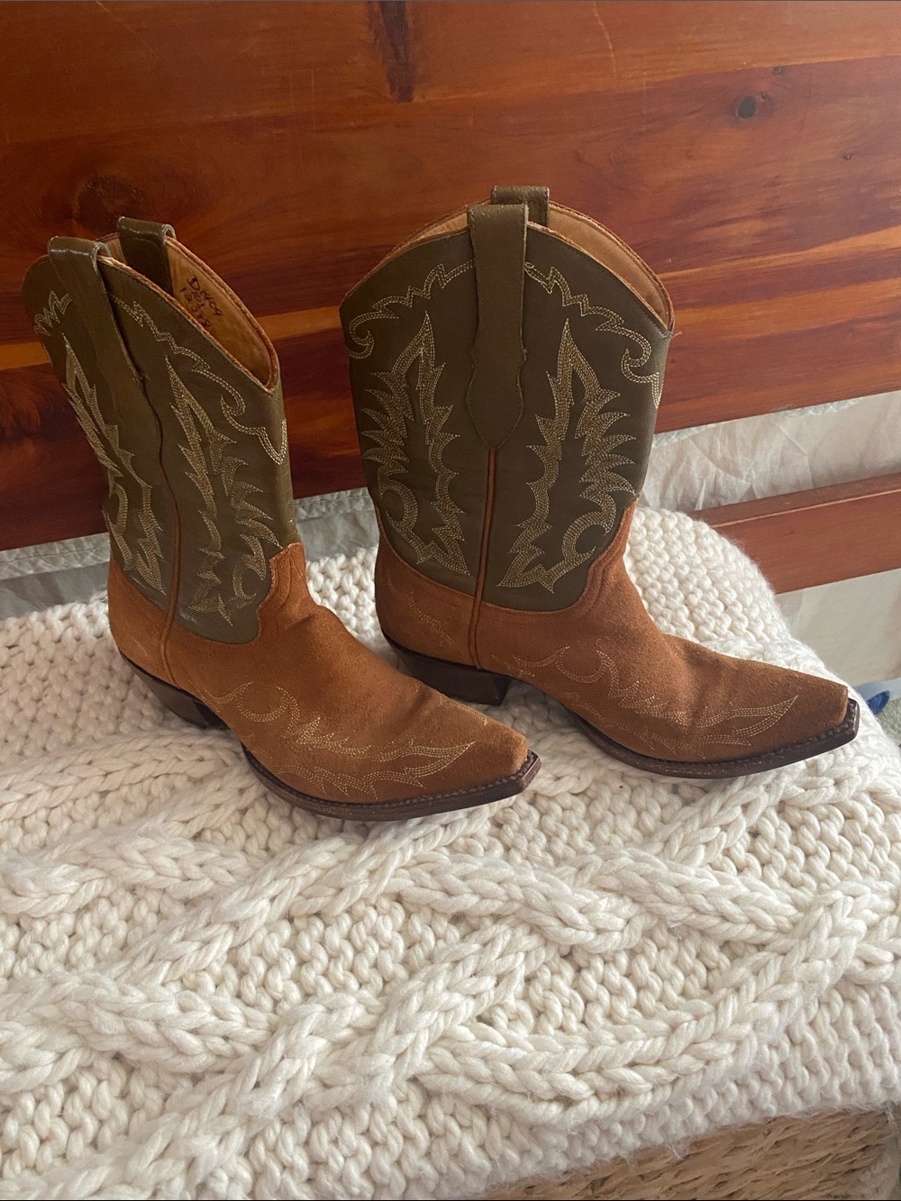 Old Gringo Tan Suede Foot with Olive Embroidered Shaft Western Heeled Boots